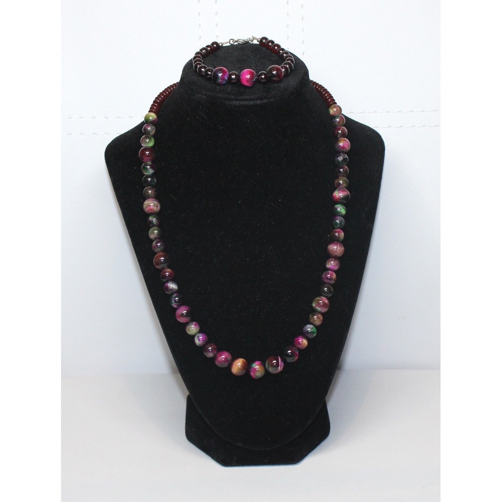 handcrafted 20" beaded necklace bracelet set purple magenta agate copper clasp